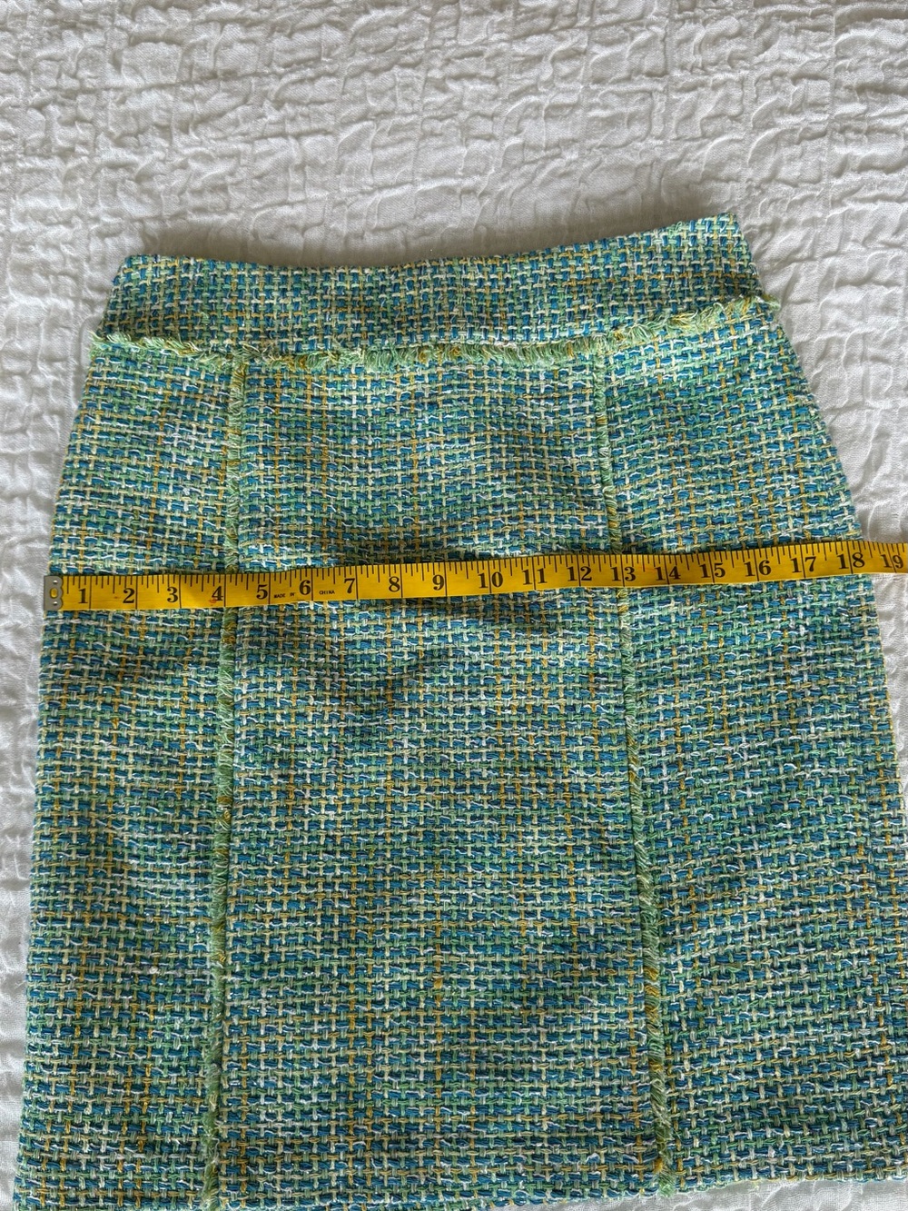 J McLaughlin Tweed A Line Skirt Teal Green Fringe Trim Lined Size 4 - Picture 7 of 12